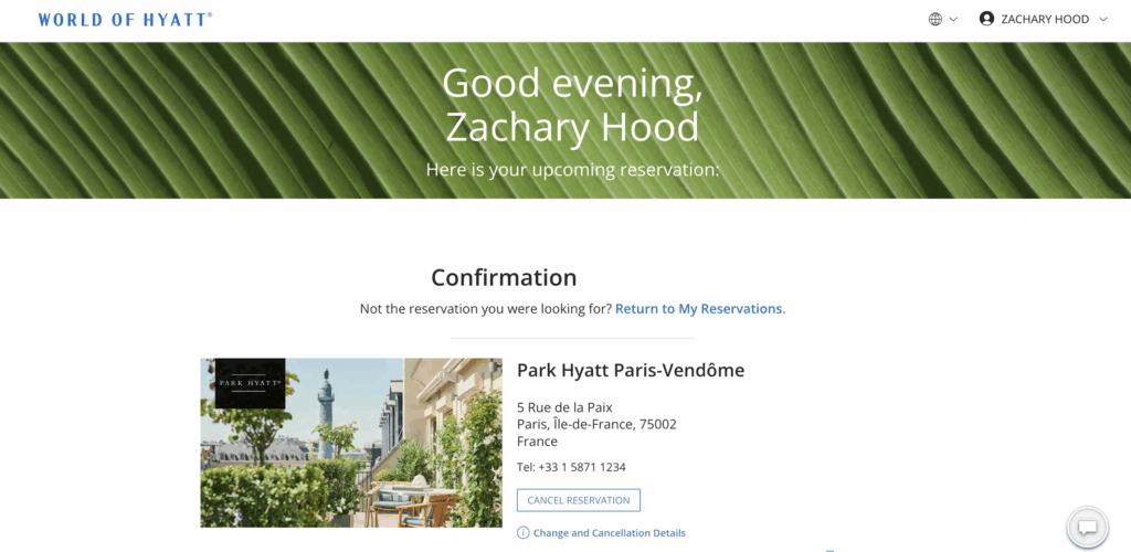A hotel reservation confirmation for Zachary Hood at Park Hyatt Paris-Vendôme, with the address, phone number, and options to cancel or change the reservation. The top features a green leaf background and greeting message.